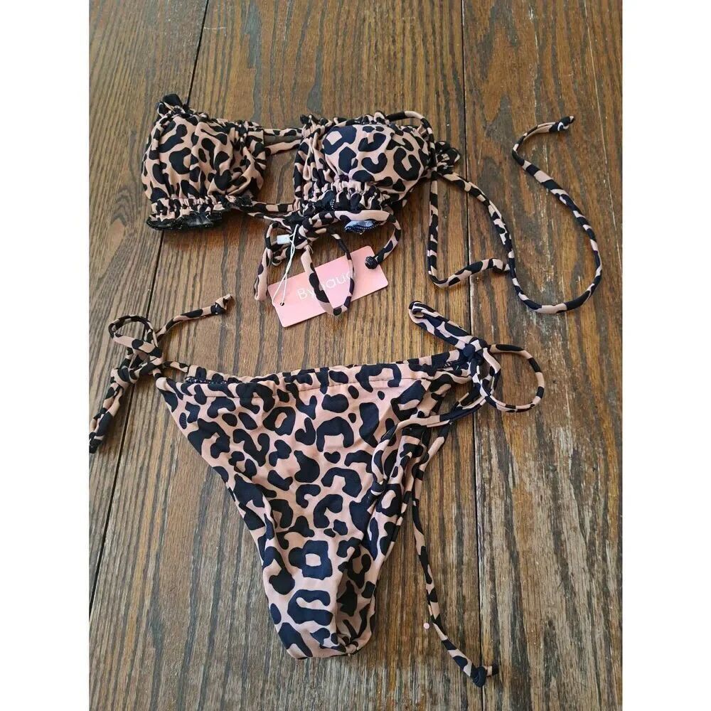 New Small Byoauo 2pc Sexy String Cheetah Leopard Animal Print Bikini Swimsuit